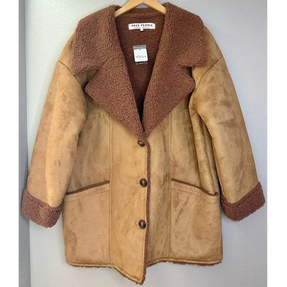 NWT Free People Diogo Oversized Colorblock Faux Sherpa Suede Brown Coat Jacket - Picture 3 of 12